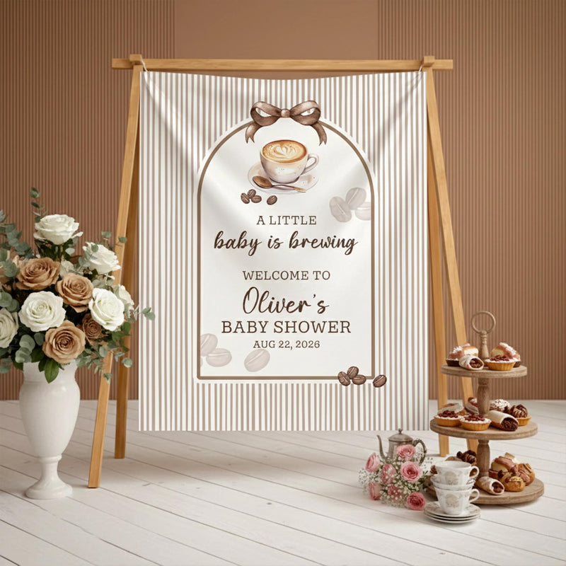Personalized Baby Shower Welcome Sign Latte Coffee Theme Custom Silk Poster Neutral Pinstripe Design Warm Taupe Brown Party Decor