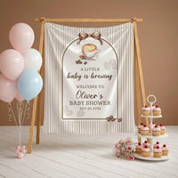 Personalized Baby Shower Welcome Sign Latte Coffee Theme Custom Silk Poster Neutral Pinstripe Design Warm Taupe Brown Party Decor