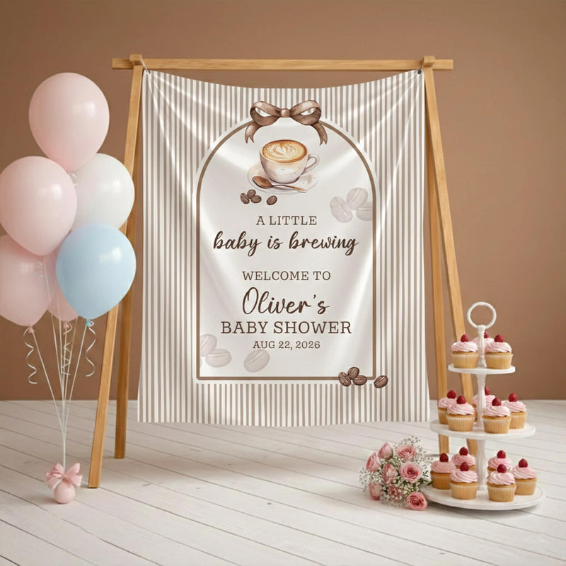 Personalized Baby Shower Welcome Sign Latte Coffee Theme Custom Silk Poster Neutral Pinstripe Design Warm Taupe Brown Party Decor