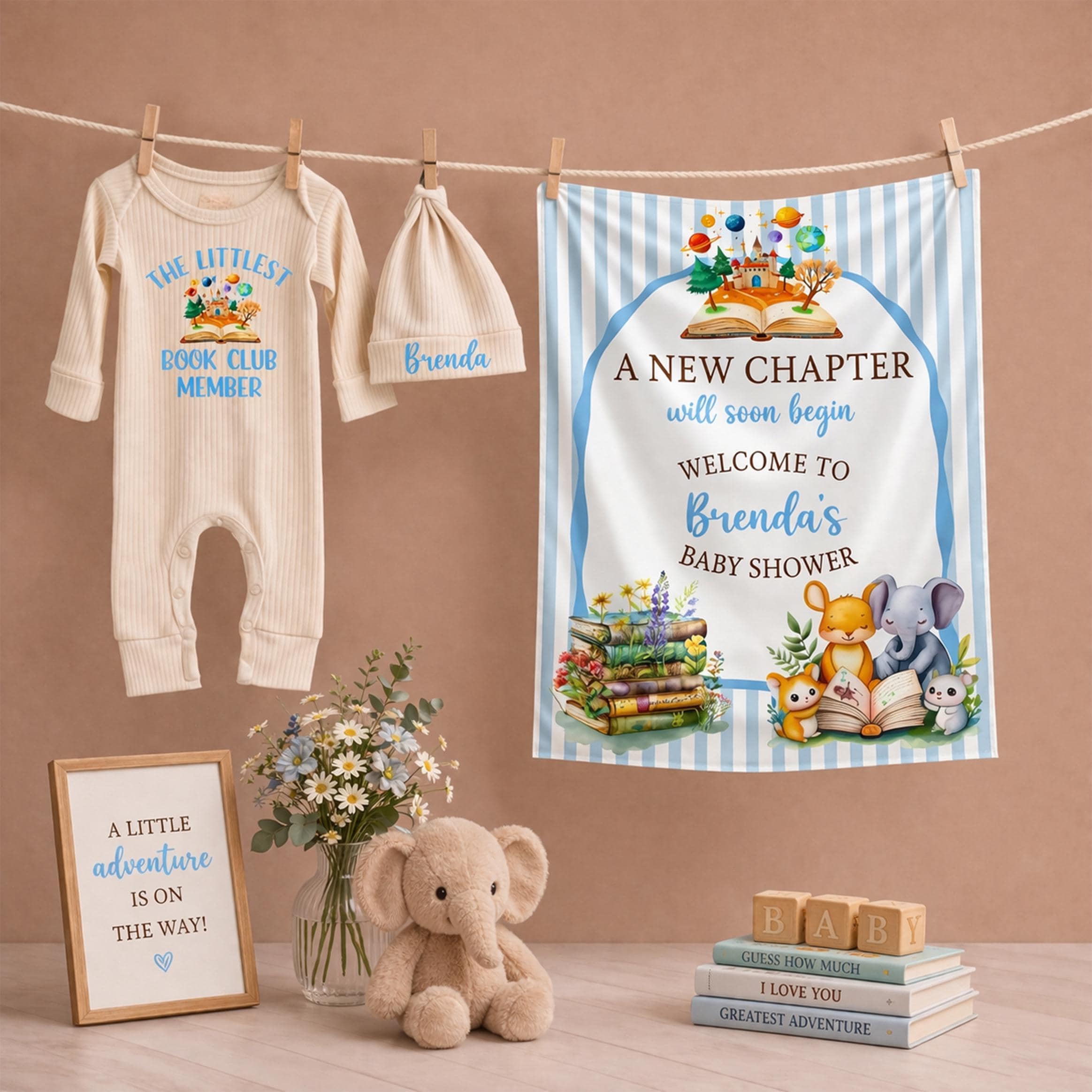 Personalized Baby Shower Welcome Sign with Storybook Design, Custom Woodland Animal Banner and Soft Cotton Baby Bodysuit Gift Set