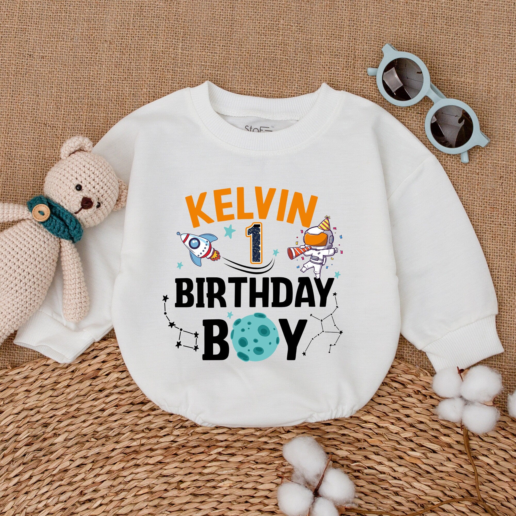 Personalized Baby Space Romper First Birthday Outfit Astronaut Theme Boy's Smash Cake Celebration Soft Cotton Customizable Gift