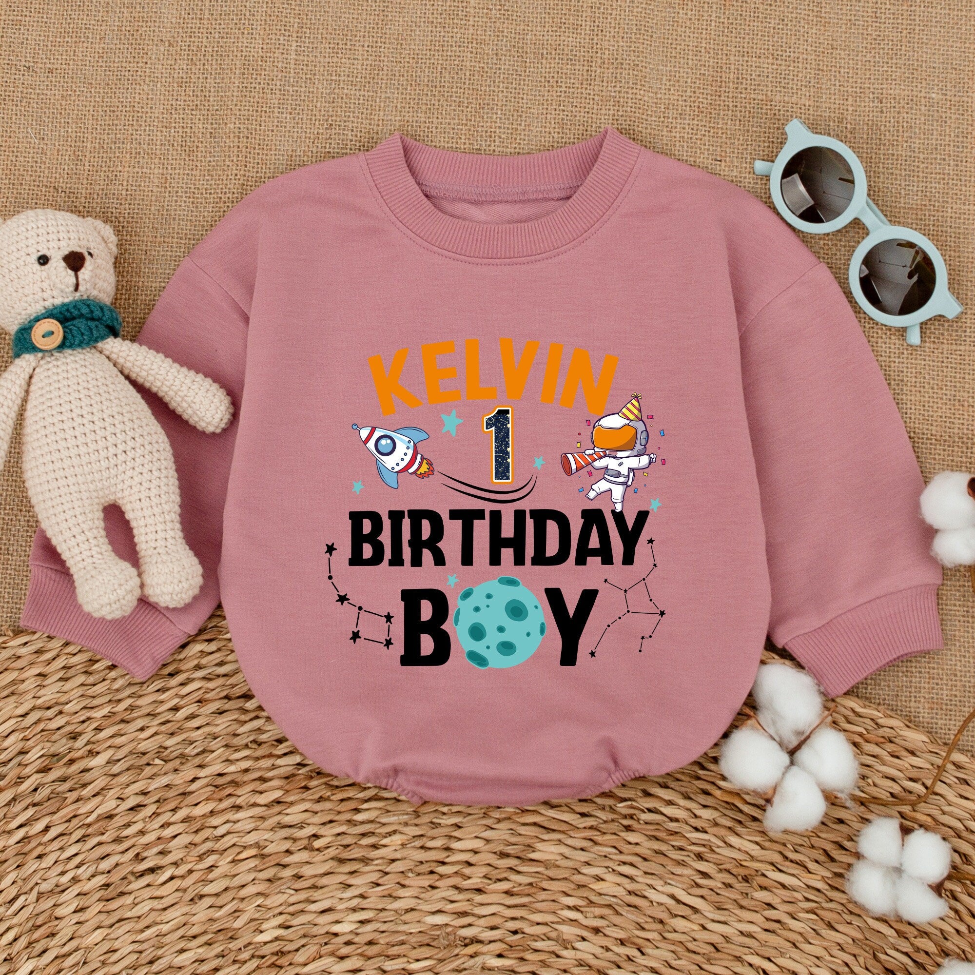 Personalized Baby Space Romper First Birthday Outfit Astronaut Theme Boy's Smash Cake Celebration Soft Cotton Customizable Gift