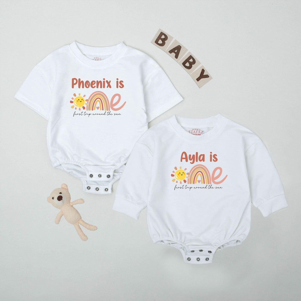 Personalized Baby Sunshine Birthday Romper with Boho Rainbow First Trip Around the Sun Outfit Soft Cotton Smash Cake Bodysuit Gift