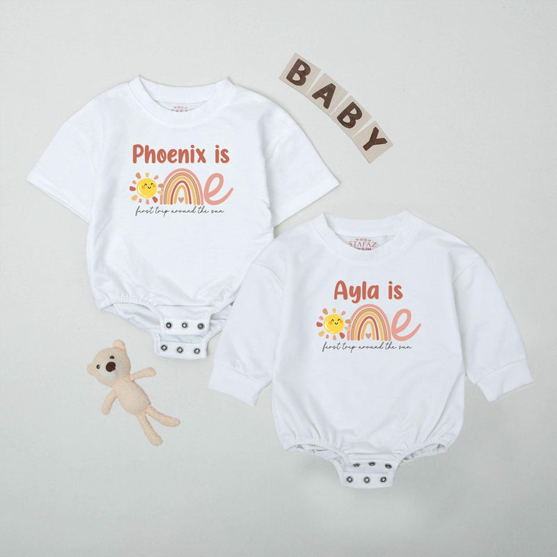 Personalized Baby Sunshine Birthday Romper with Boho Rainbow First Trip Around the Sun Outfit Soft Cotton Smash Cake Bodysuit Gift