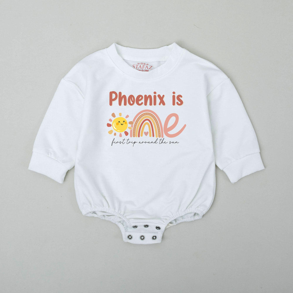 Personalized Baby Sunshine Birthday Romper with Boho Rainbow First Trip Around the Sun Outfit Soft Cotton Smash Cake Bodysuit Gift