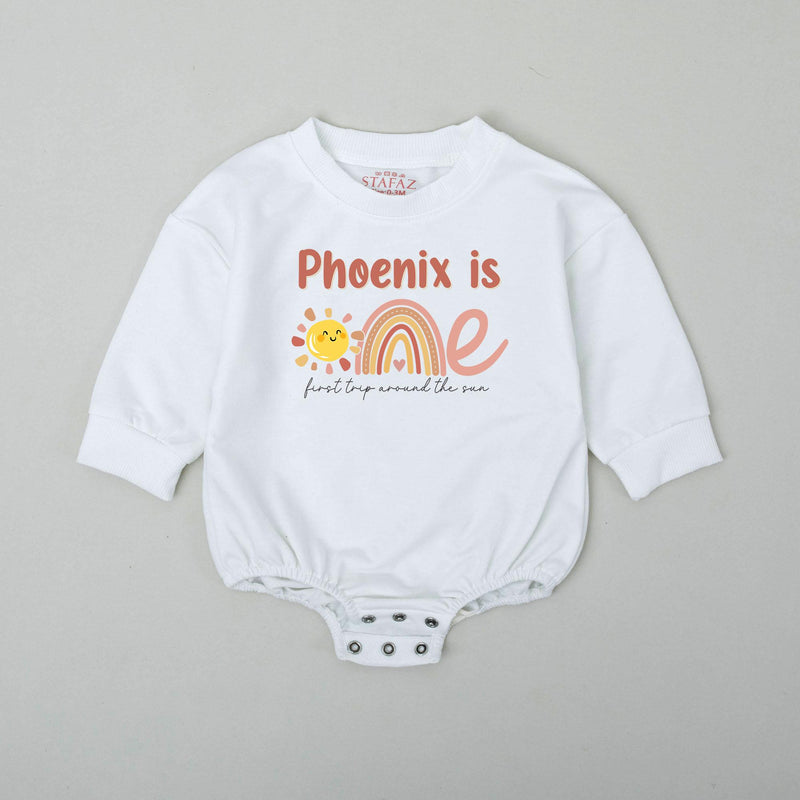 Personalized Baby Sunshine Birthday Romper with Boho Rainbow First Trip Around the Sun Outfit Soft Cotton Smash Cake Bodysuit Gift