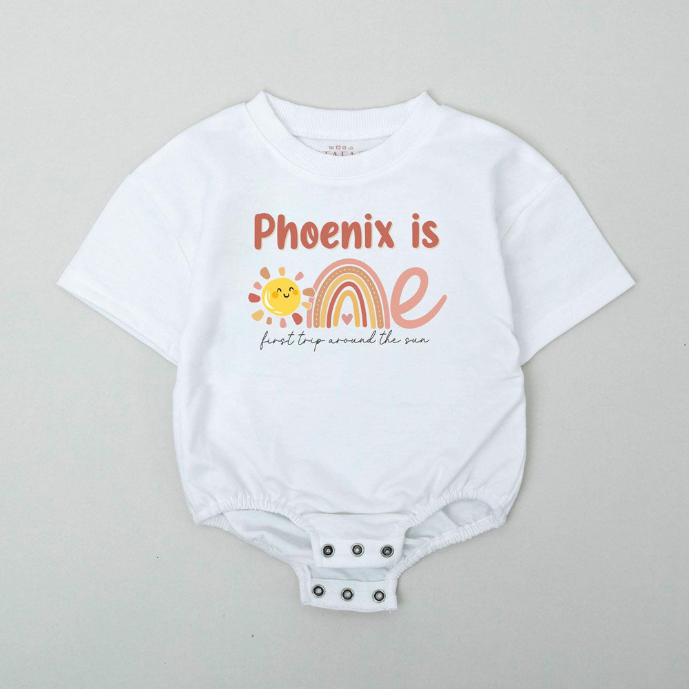 Personalized Baby Sunshine Birthday Romper with Boho Rainbow First Trip Around the Sun Outfit Soft Cotton Smash Cake Bodysuit Gift