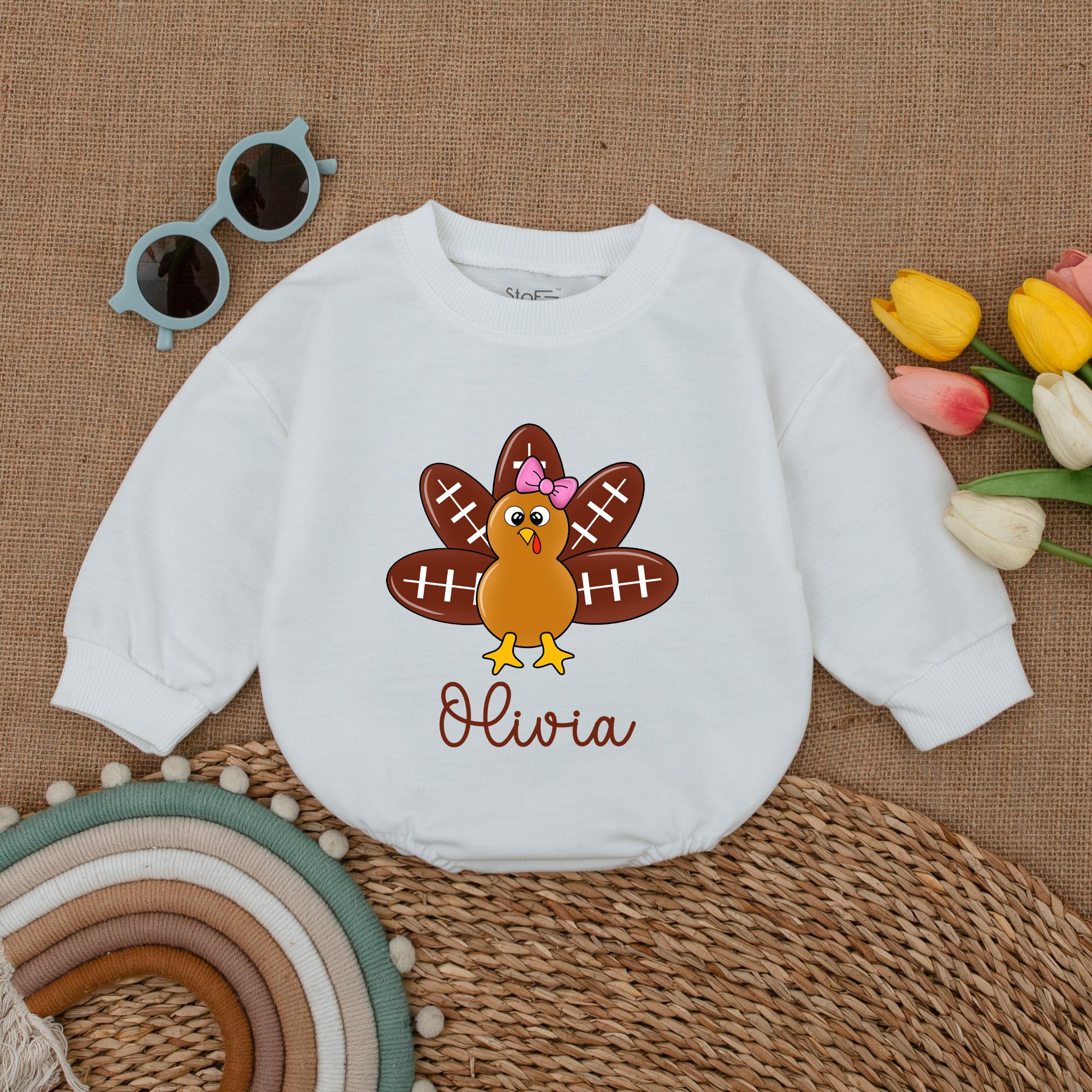 Personalized Baby Thanksgiving Romper Cute Turkey Football Design Infant Fall Outfit Soft Cotton Custom Name Holiday Baby Shower Gift