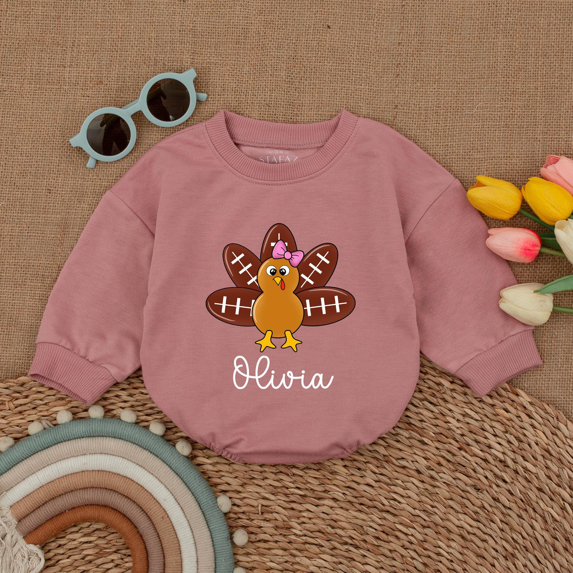 Personalized Baby Thanksgiving Romper Cute Turkey Football Design Infant Fall Outfit Soft Cotton Custom Name Holiday Baby Shower Gift