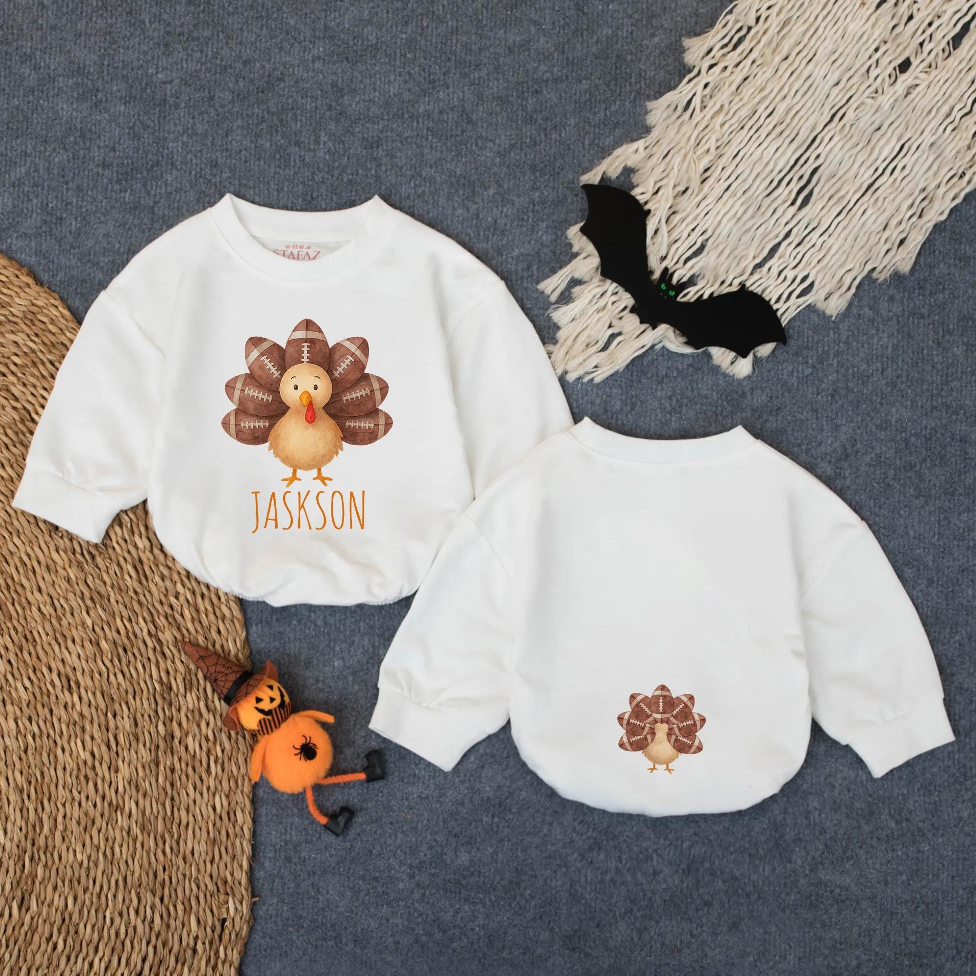 Personalized Baby Turkey Romper with Football Feathers for First Thanksgiving Infant Outfit Fall Celebration Bodysuit for Baby Girl or Boy