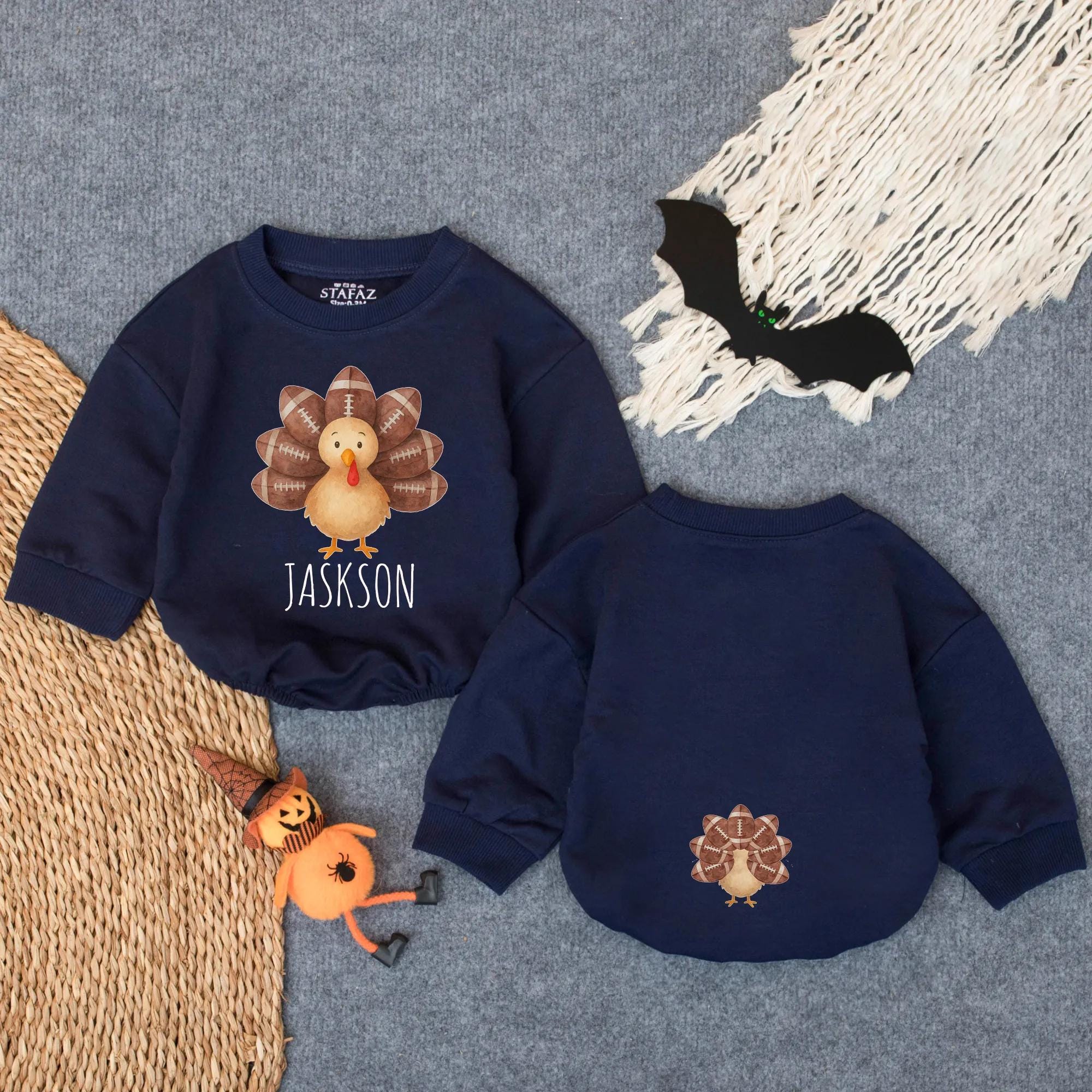 Personalized Baby Turkey Romper with Football Feathers for First Thanksgiving Infant Outfit Fall Celebration Bodysuit for Baby Girl or Boy