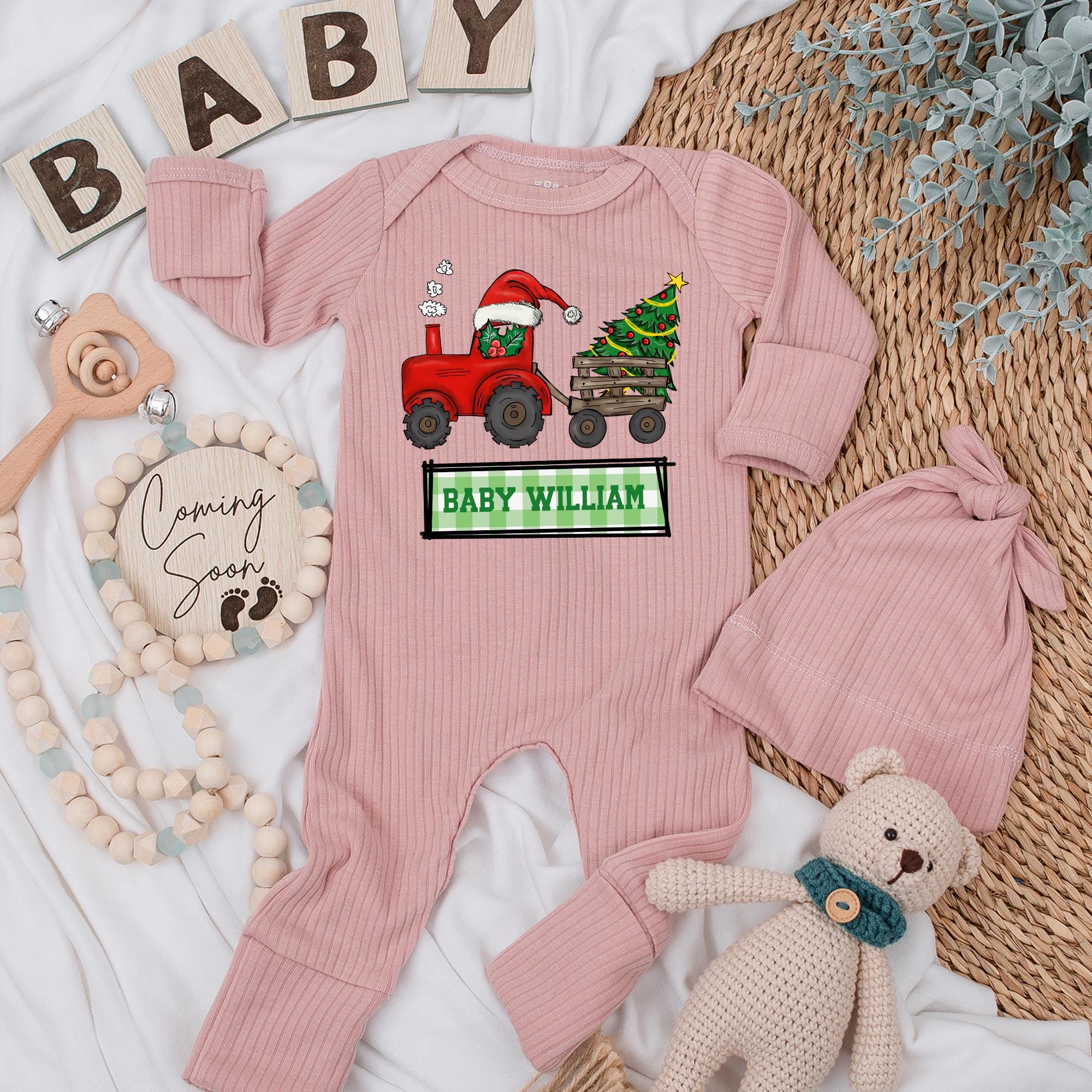 Personalized Baby William Christmas Tractor Bodysuit and Hat Set Holiday Infant Outfit Gift Neutral Newborn Clothes for Boys Girls