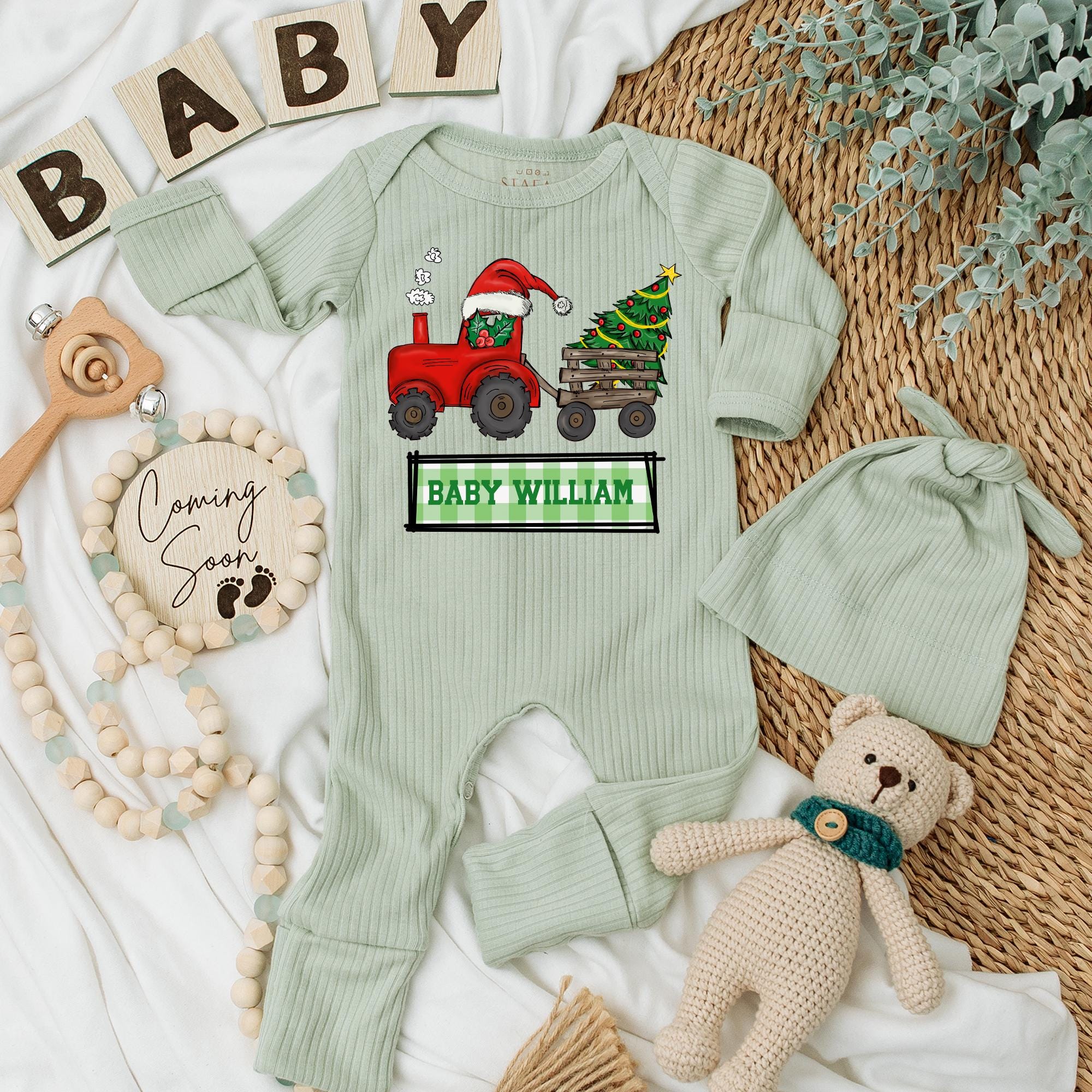 Personalized Baby William Christmas Tractor Bodysuit and Hat Set Holiday Infant Outfit Gift Neutral Newborn Clothes for Boys Girls