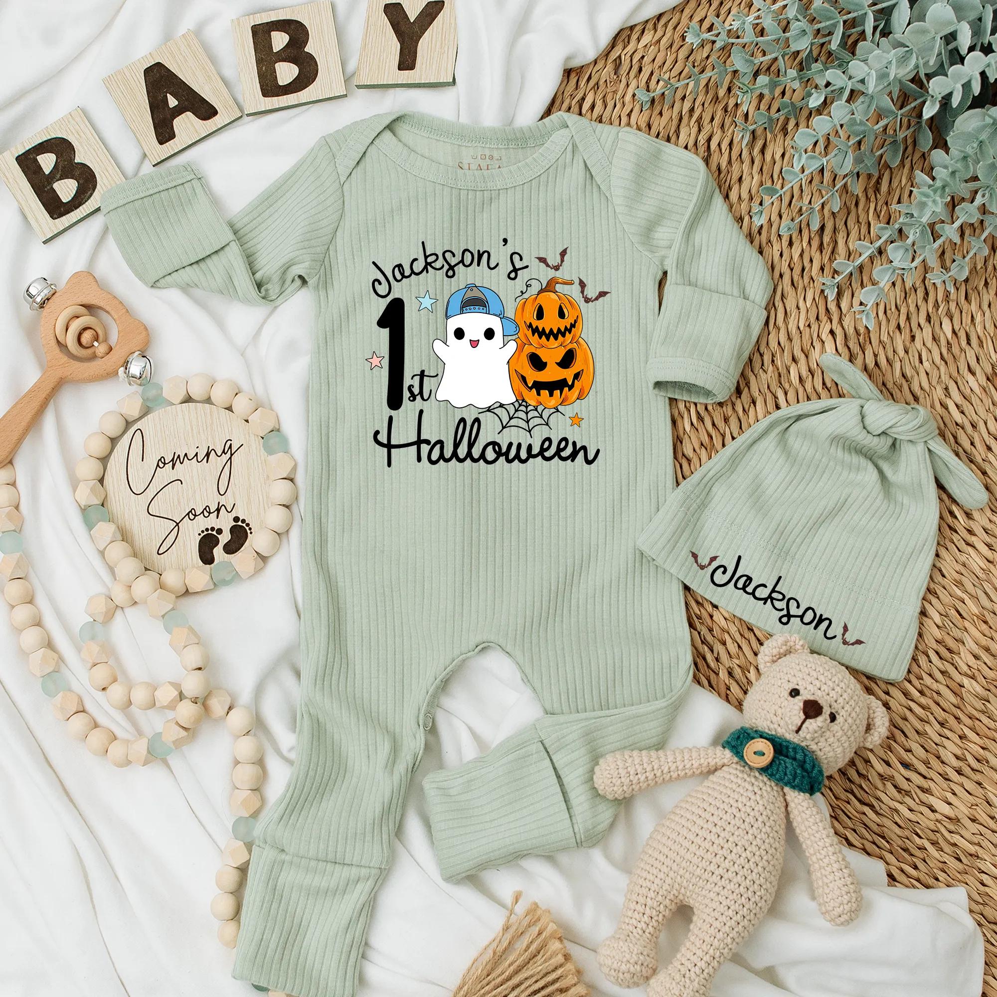 Personalized Baby's 1st Halloween Bodysuit Cute Ghost Jack-o'-lantern Newborn Outfit Gift Baby Boy Reveal Shower Celebration