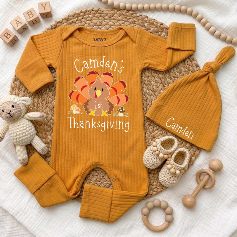 Personalized Baby's 1st Thanksgiving Bodysuit with Cute Turkey Design, Custom Infant Fall Outfit, Soft Cotton Baby Gift for Holiday Photos