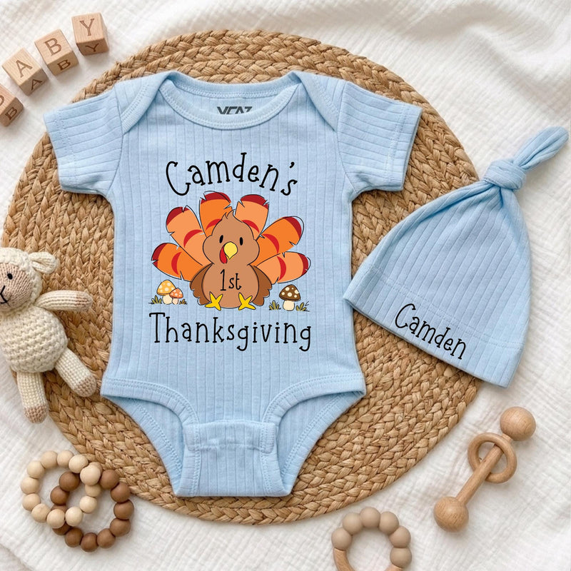 Personalized Baby's 1st Thanksgiving Bodysuit with Cute Turkey Design, Custom Infant Fall Outfit, Soft Cotton Baby Gift for Holiday Photos