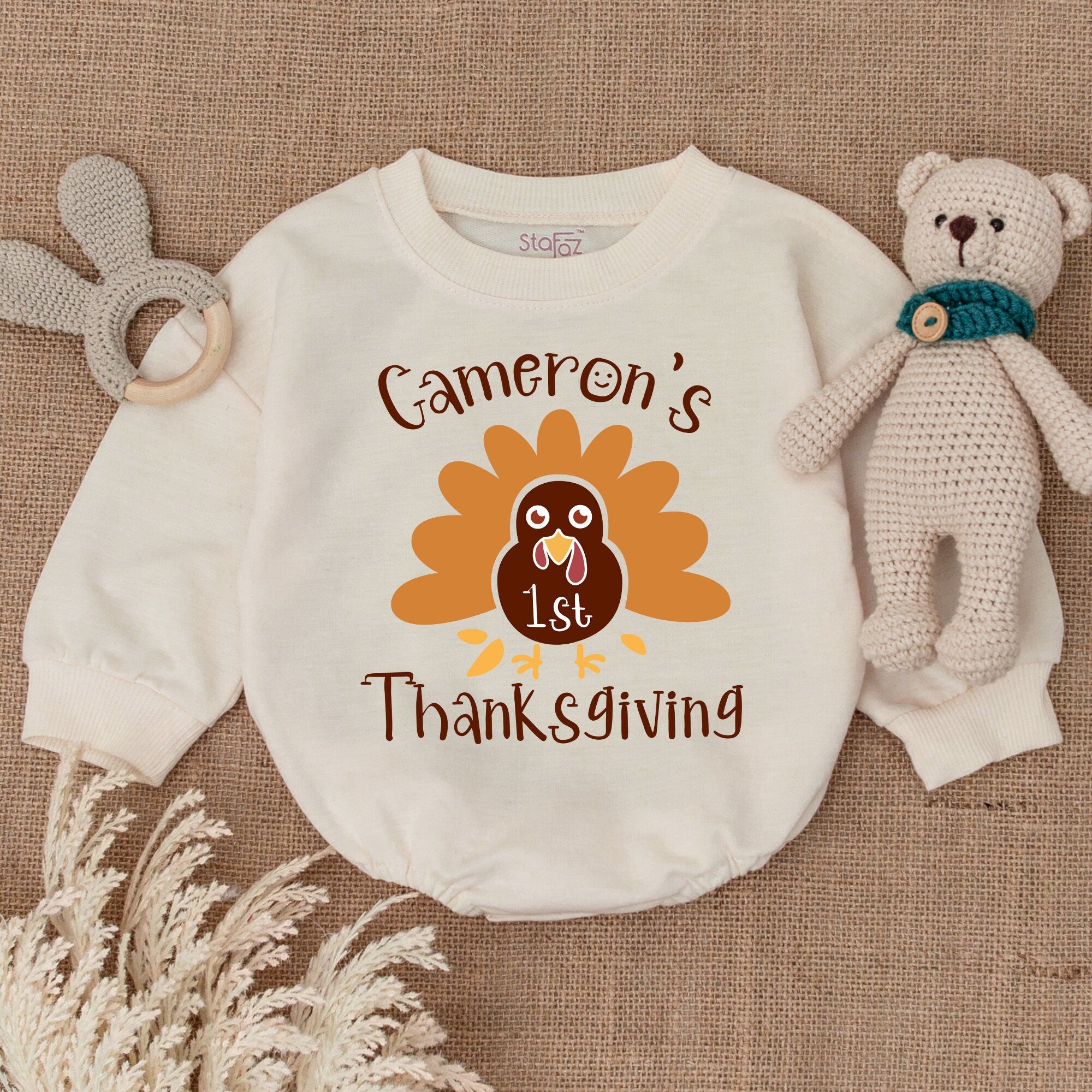 Personalized Baby's 1st Thanksgiving Romper Brown Orange Turkey Design Infant Fall Outfit Custom Name Soft Cotton Baby Shower Gift