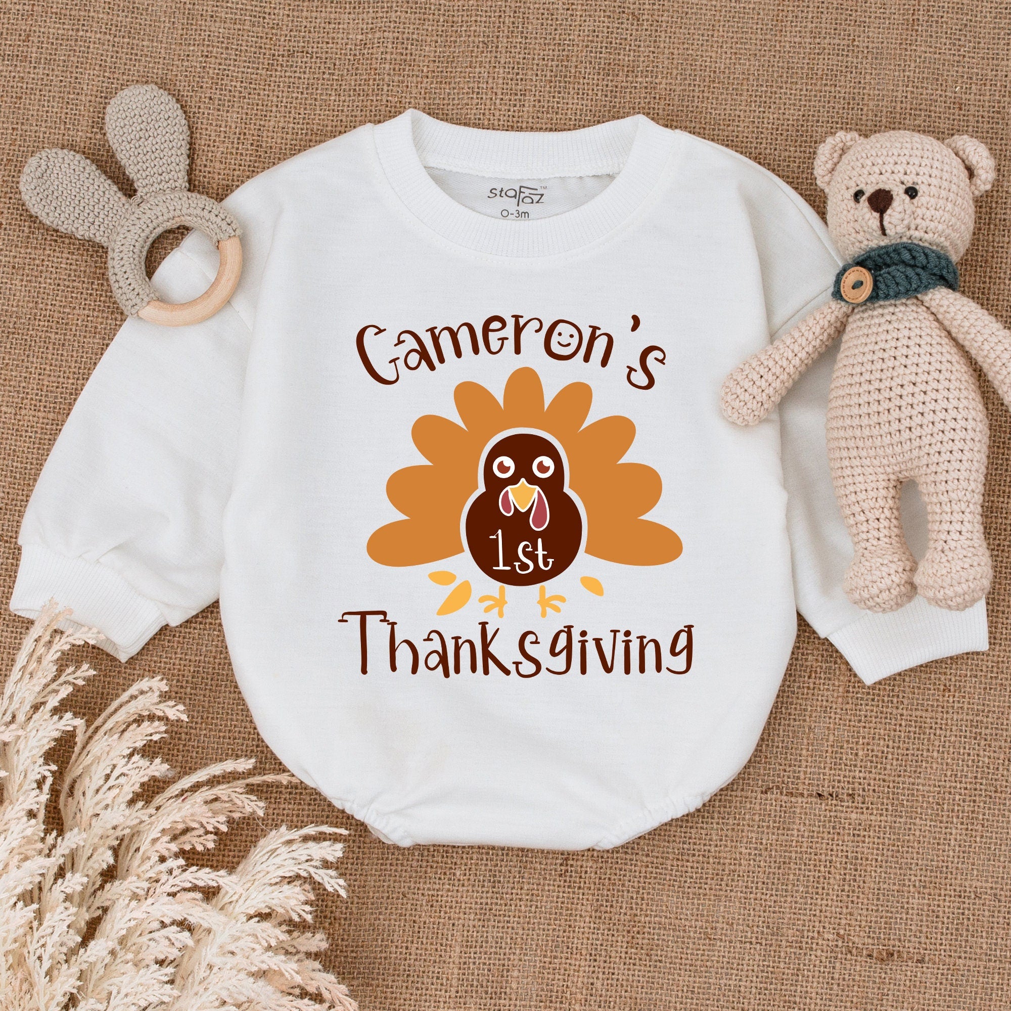 Personalized Baby's 1st Thanksgiving Romper Brown Orange Turkey Design Infant Fall Outfit Custom Name Soft Cotton Baby Shower Gift