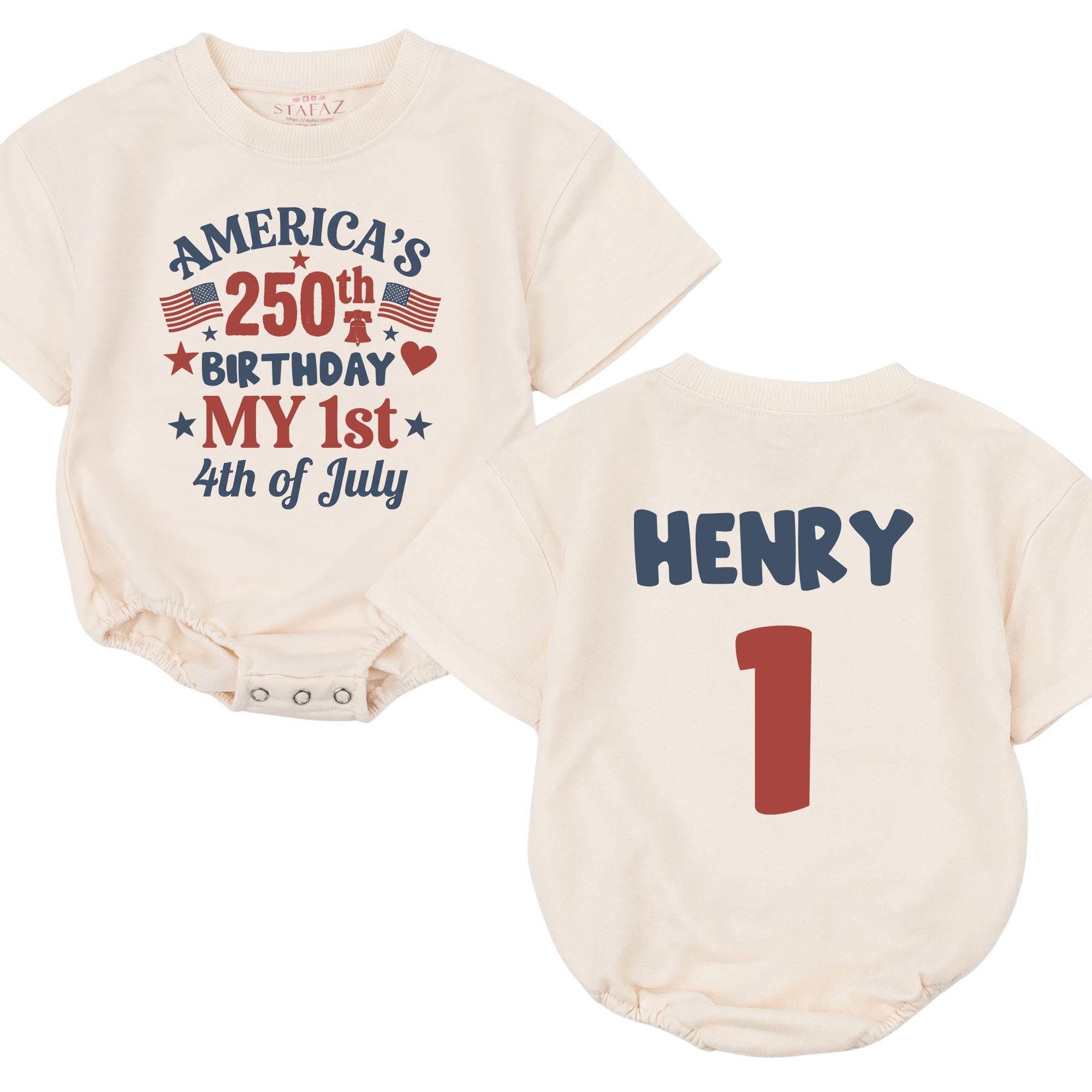 Personalized Baby's First 4th of July Outfit America's 250th Birthday Red Navy Patriotic Romper Henry 1 Custom Infant Summer Celebration