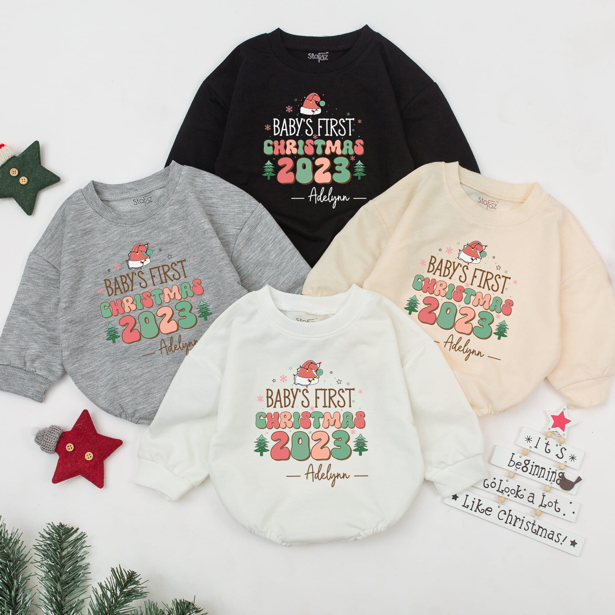 Personalized Baby's First Christmas 2023 Romper Adelynn Santa Design Infant Outfit Holiday Gift Soft Cotton Baby Shower