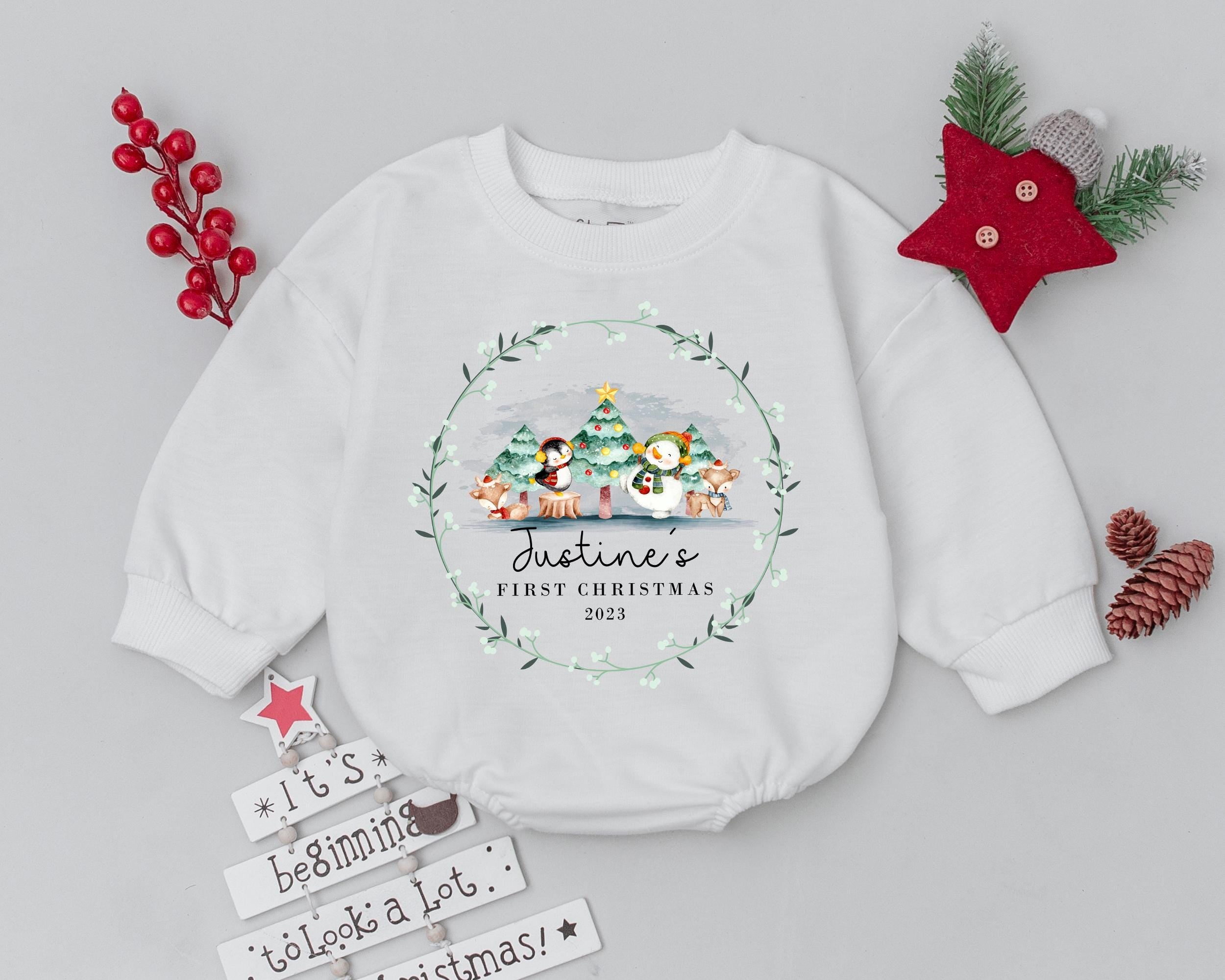 Personalized Baby's First Christmas Outfit Snowman Penguin Romper Groovy Holiday Bodysuit Soft Cotton Vintage Style Infant Gift