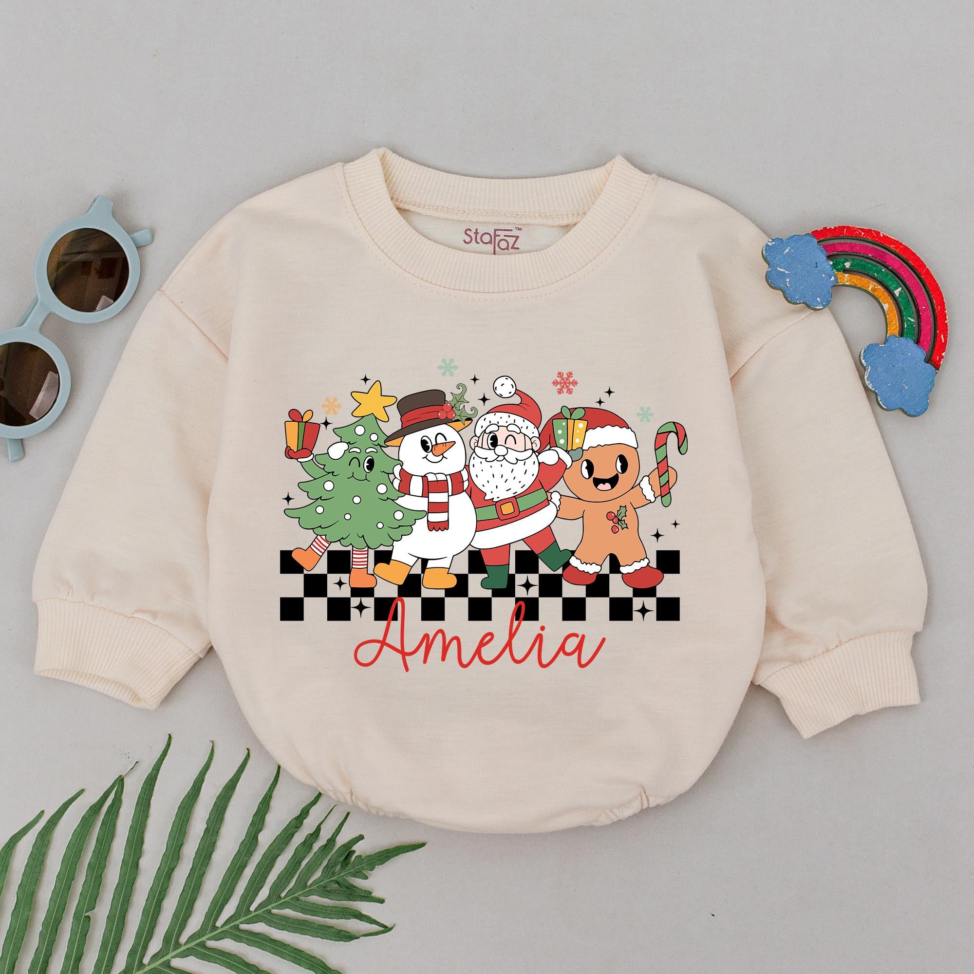 Personalized Baby's First Christmas Romper with Santa Snowman Gingerbread Festive Outfit for Boys Girls Holiday Gift Soft Cotton