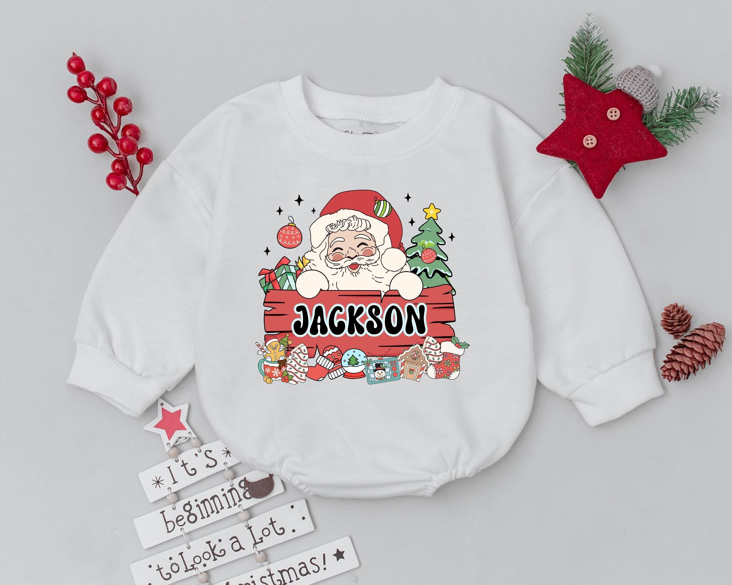 Personalized Baby's First Christmas Romper with Vintage Santa Retro Holiday Bodysuit Custom Name Festive Infant Outfit Red Green Gold