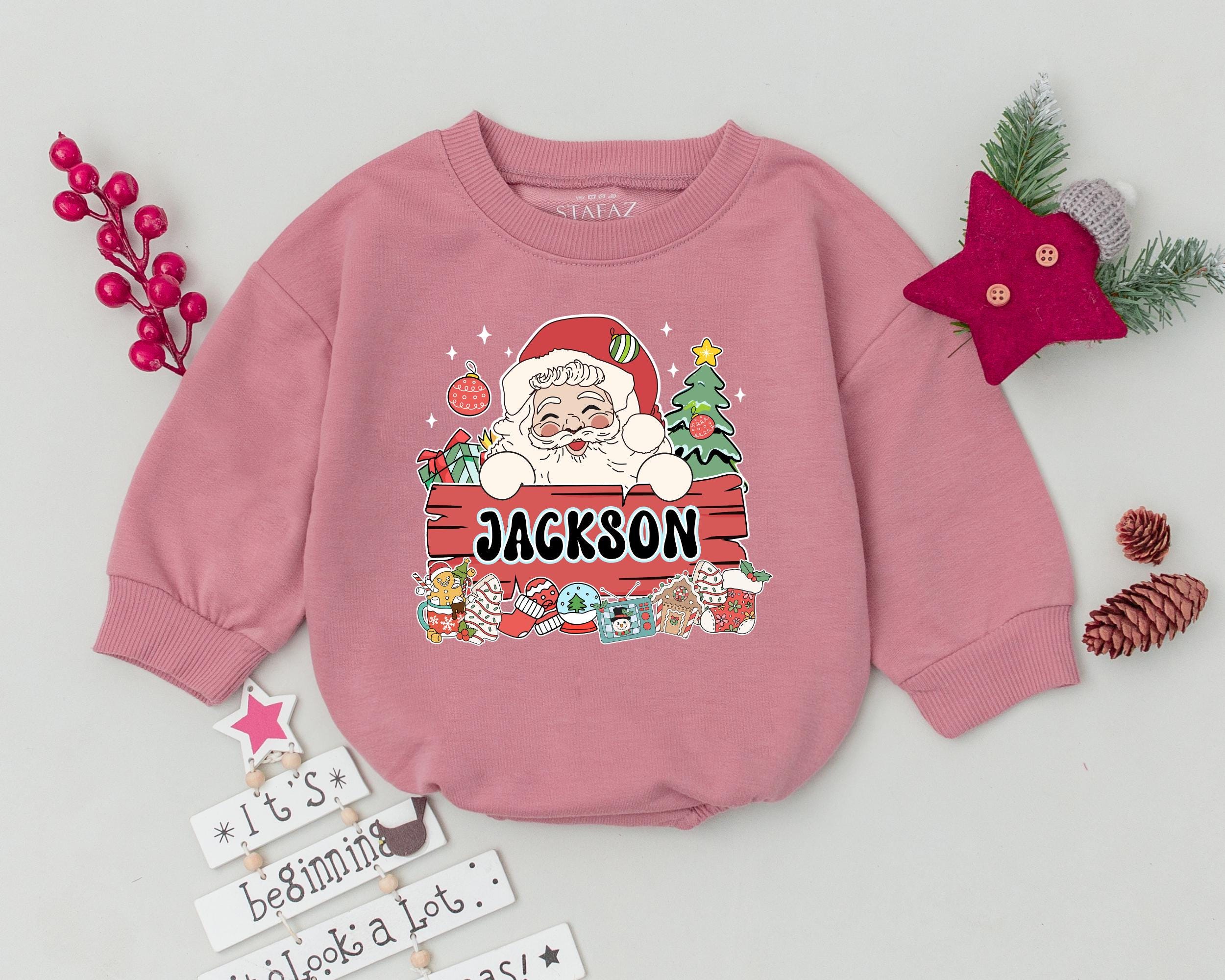 Personalized Baby's First Christmas Romper with Vintage Santa Retro Holiday Bodysuit Custom Name Festive Infant Outfit Red Green Gold