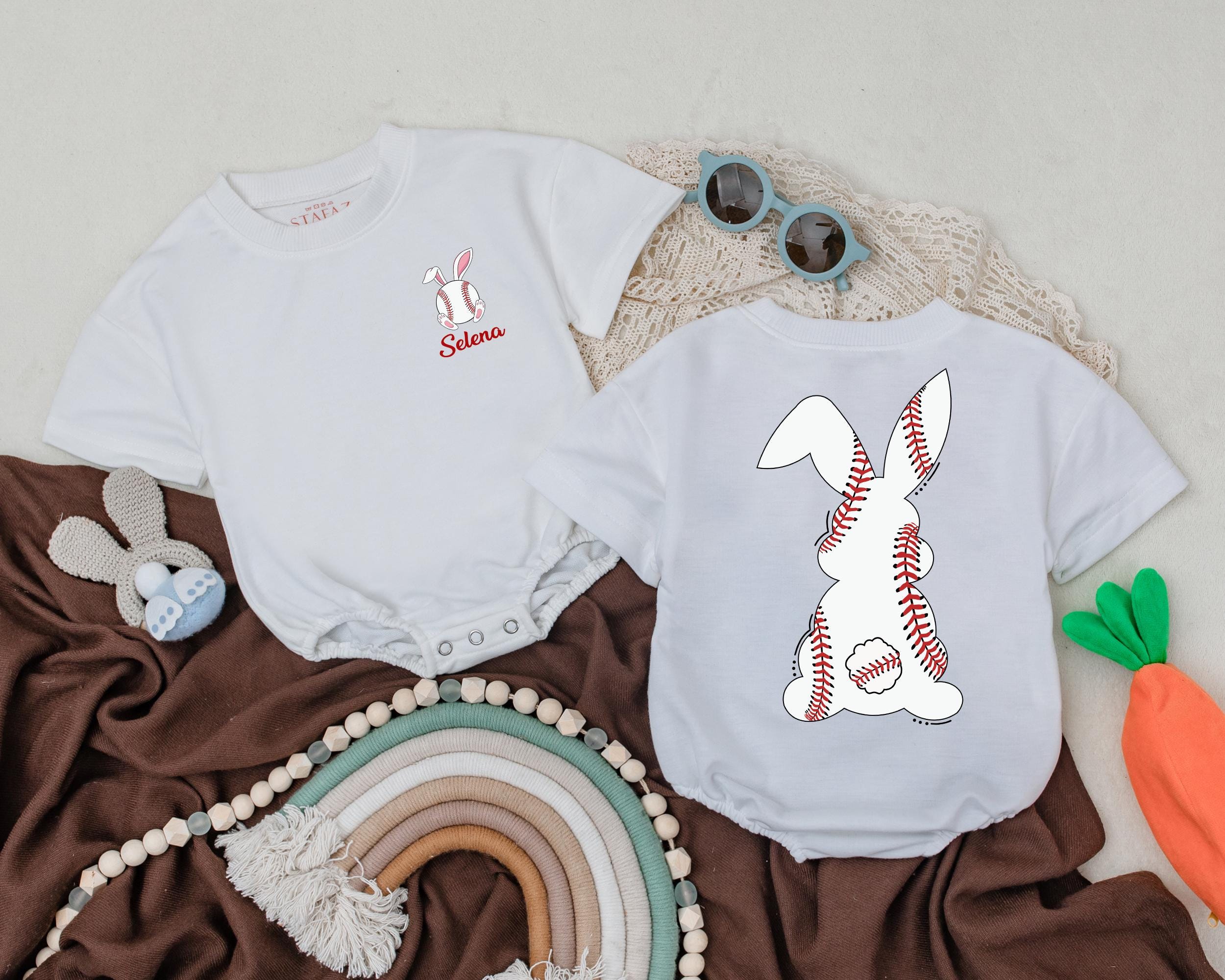 Personalized Baby's First Easter Romper Cute Bunny Baseball Stitch Design Custom Name for Holiday Gift Baby Shower Outfit