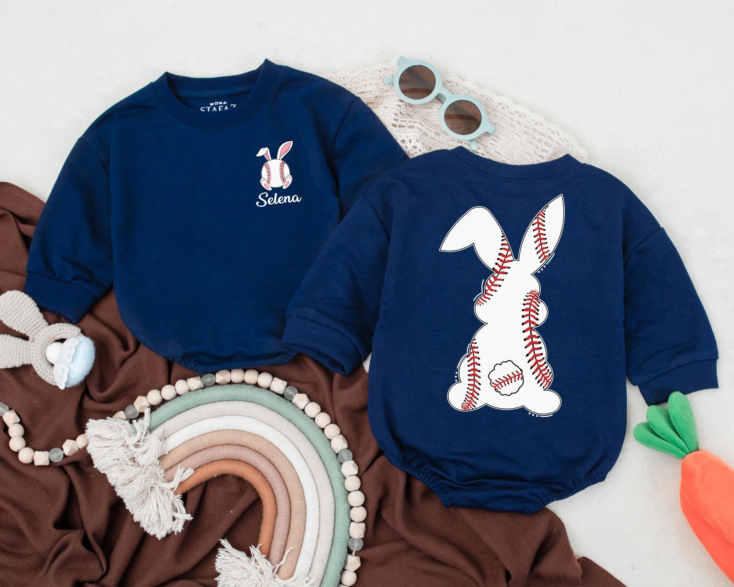 Personalized Baby's First Easter Romper Cute Bunny Baseball Stitch Design Custom Name for Holiday Gift Baby Shower Outfit