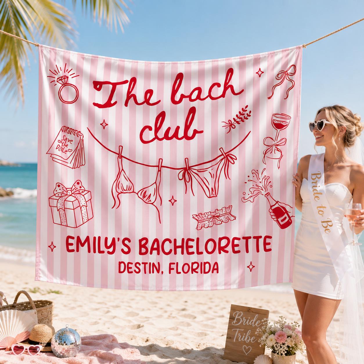 Personalized Bachelorette Party Banner Pink Red Bach Club Backdrop with Bikini and Festive Design Custom Name and Location for Pool Party Decor