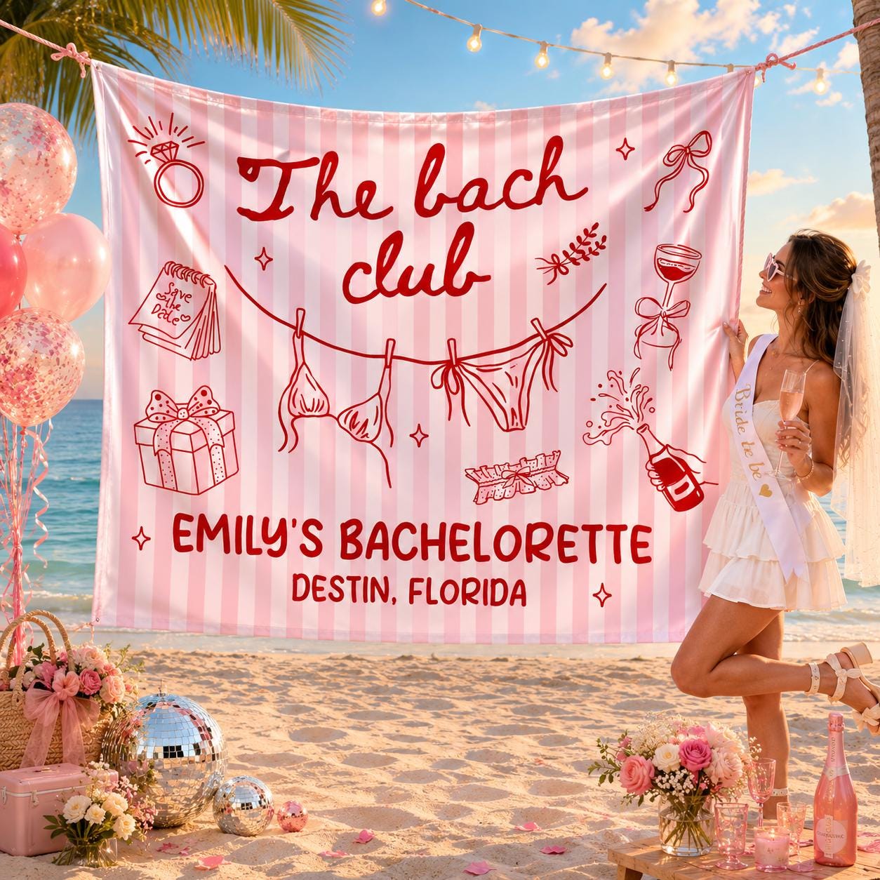 Personalized Bachelorette Party Banner Pink Red Bach Club Backdrop with Bikini and Festive Design Custom Name and Location for Pool Party Decor