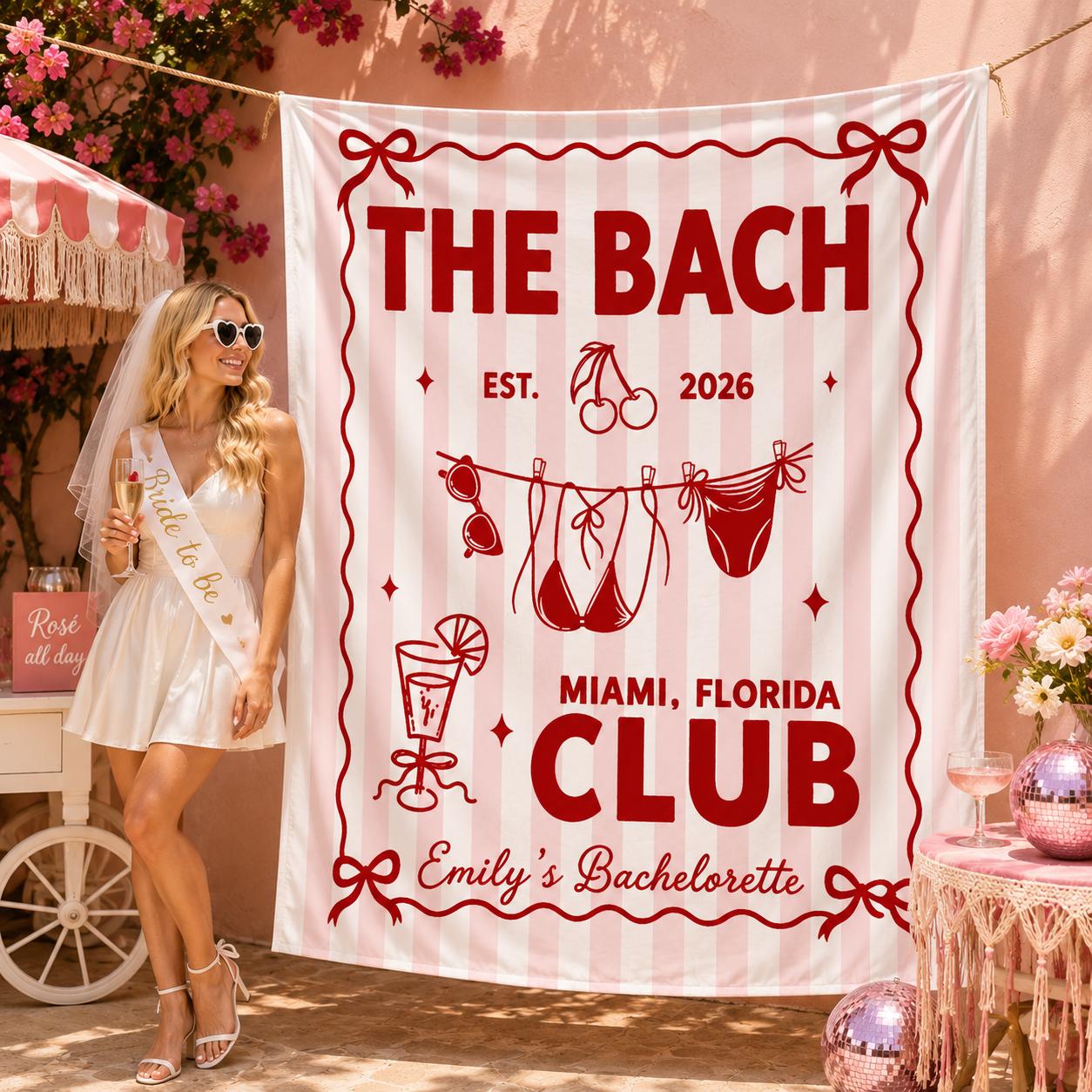 Personalized Bachelorette Party Banner Retro Pink Striped Miami Themed Decor Custom Bride Weekend Sign Fun Bach Club Design 2026