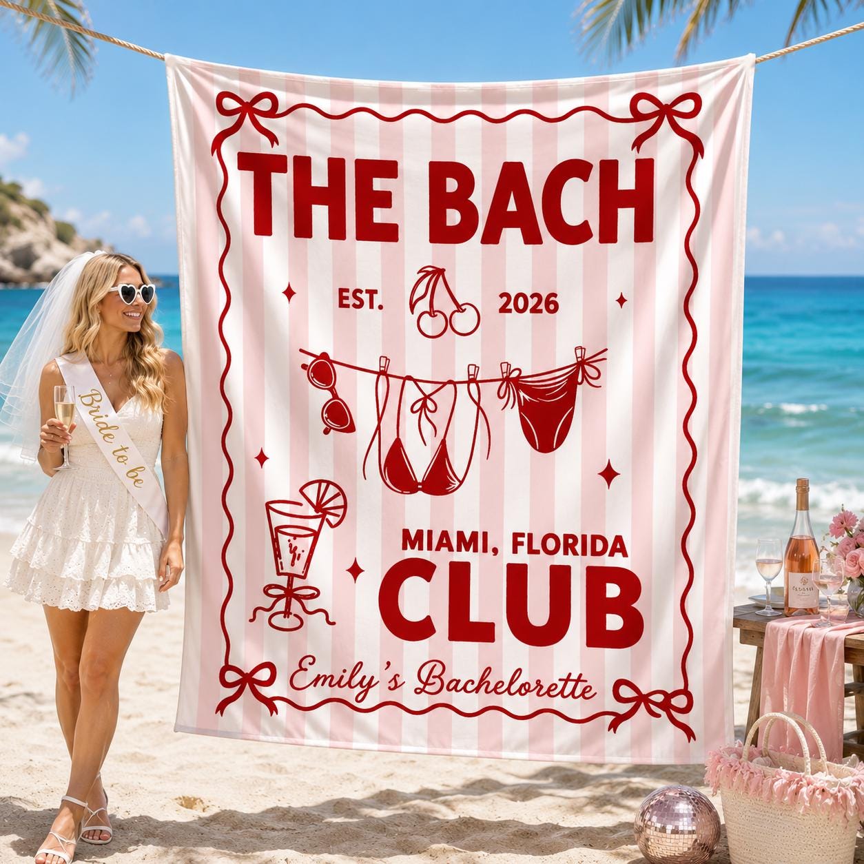 Personalized Bachelorette Party Banner Retro Pink Striped Miami Themed Decor Custom Bride Weekend Sign Fun Bach Club Design 2026