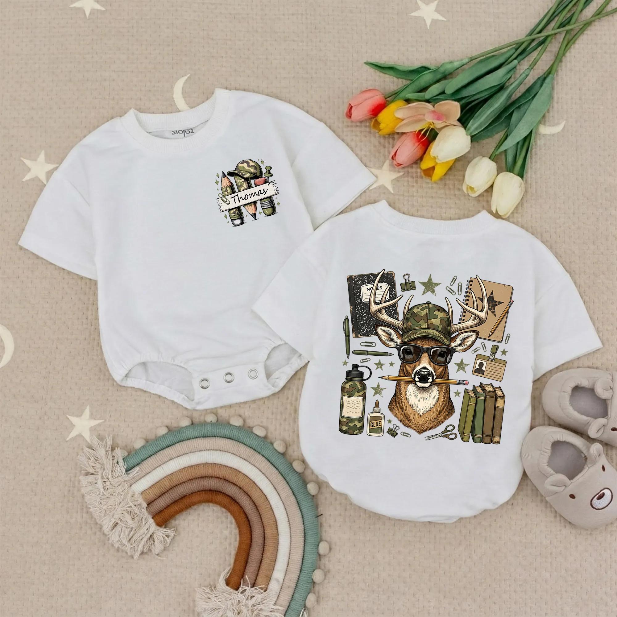 Personalized Back to School Shirt for Boys with Camo Deer Design, Custom Name, Fun Pencil Graphic, Earth Tone Colors, Toddler to Youth
