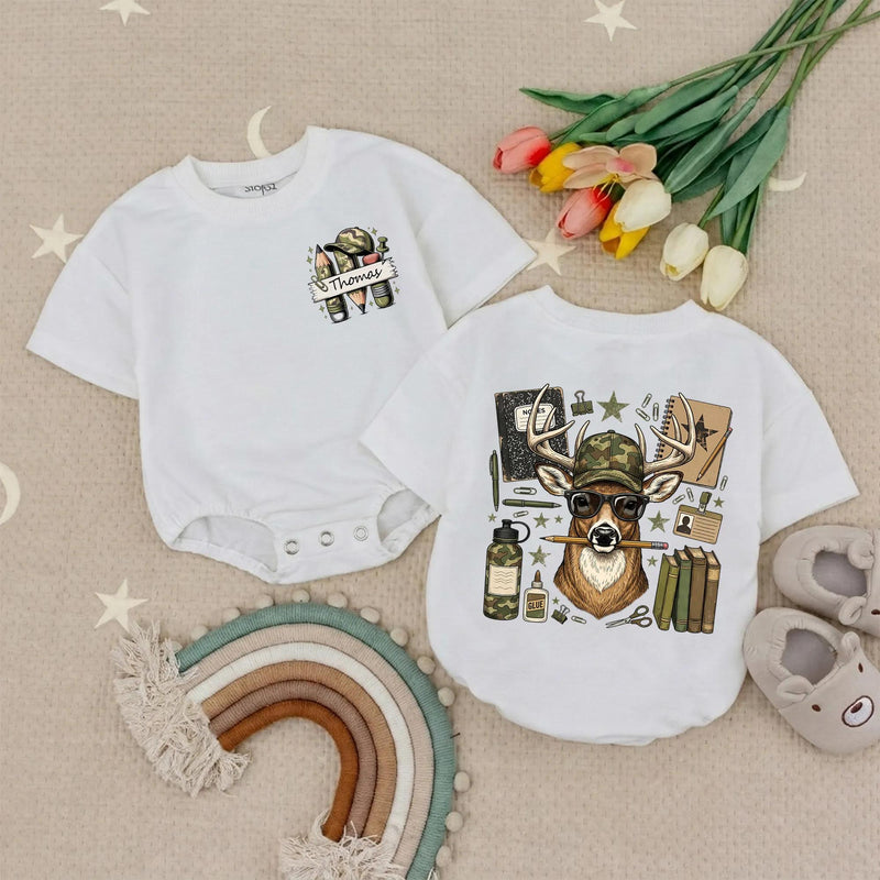 Personalized Back to School Shirt for Boys with Camo Deer Design, Custom Name, Fun Pencil Graphic, Earth Tone Colors, Toddler to Youth