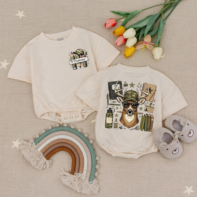 Personalized Back to School Shirt for Boys with Camo Deer Design, Custom Name, Fun Pencil Graphic, Earth Tone Colors, Toddler to Youth