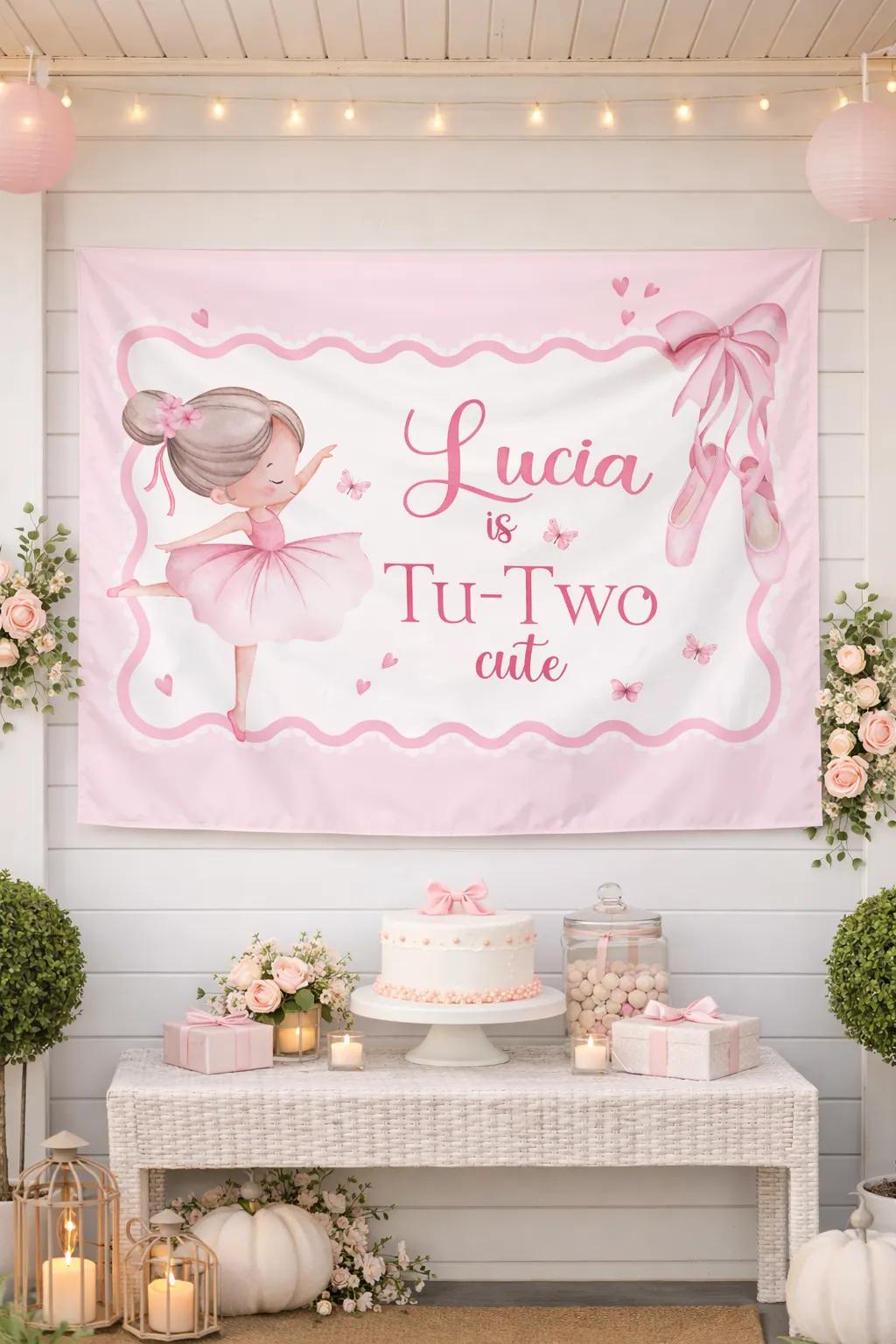 Personalized Ballerina 2nd Birthday Banner with Pink Tutu, Ballet Slippers and Butterflies Custom Party Backdrop for Girls