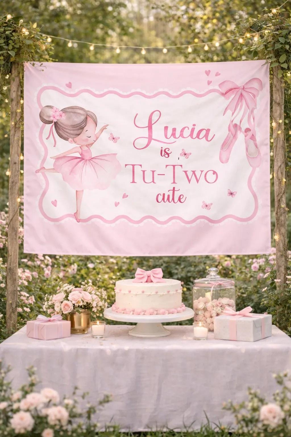 Personalized Ballerina 2nd Birthday Banner with Pink Tutu, Ballet Slippers and Butterflies Custom Party Backdrop for Girls