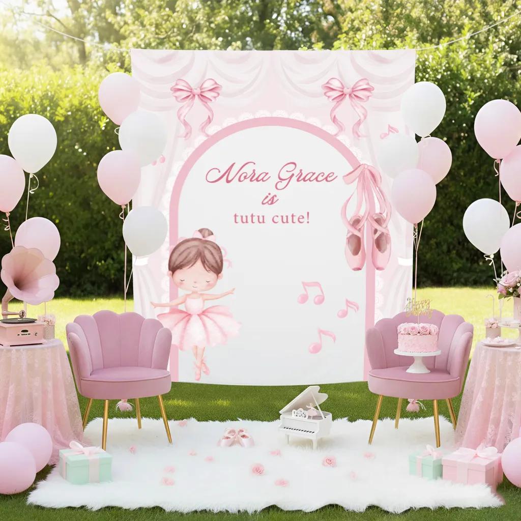 Personalized Ballerina Birthday Fabric Banner with Pink Tutu Design for Girl Party Decor, Whimsical Watercolor Backdrop for Kids Celebration