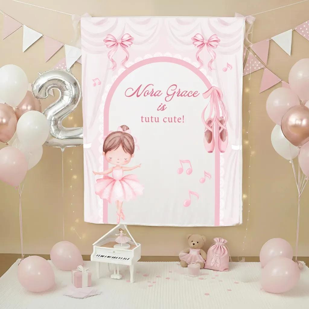 Personalized Ballerina Birthday Fabric Banner with Pink Tutu Design for Girl Party Decor, Whimsical Watercolor Backdrop for Kids Celebration