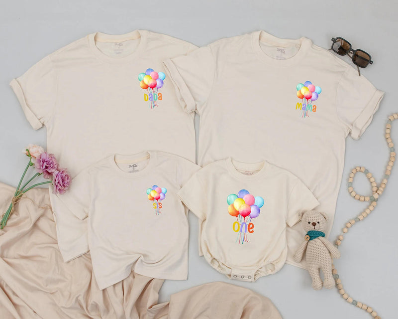 Personalized Balloon Birthday Shirt with Custom Text Matching Family 1st Birthday Outfit Rainbow Colors for Baby Boy or Girl Celebration