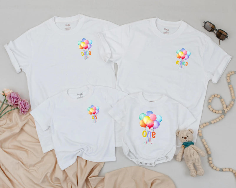 Personalized Balloon Birthday Shirt with Custom Text Matching Family 1st Birthday Outfit Rainbow Colors for Baby Boy or Girl Celebration