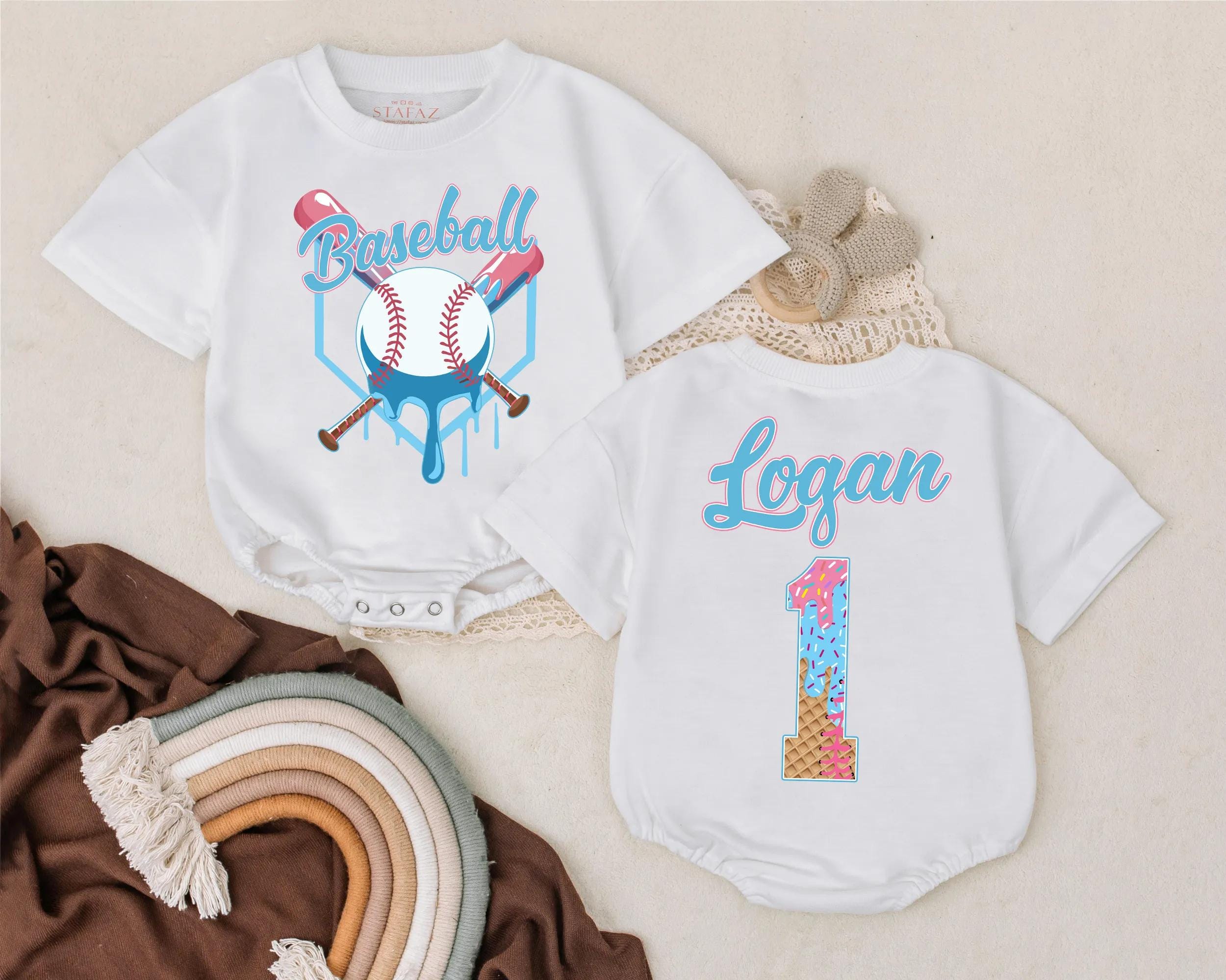 Personalized Baseball Baby Romper Fun Sports Theme First Birthday Outfit Custom Name Infant Boy Cake Smash Look Colorful Stars Stripes