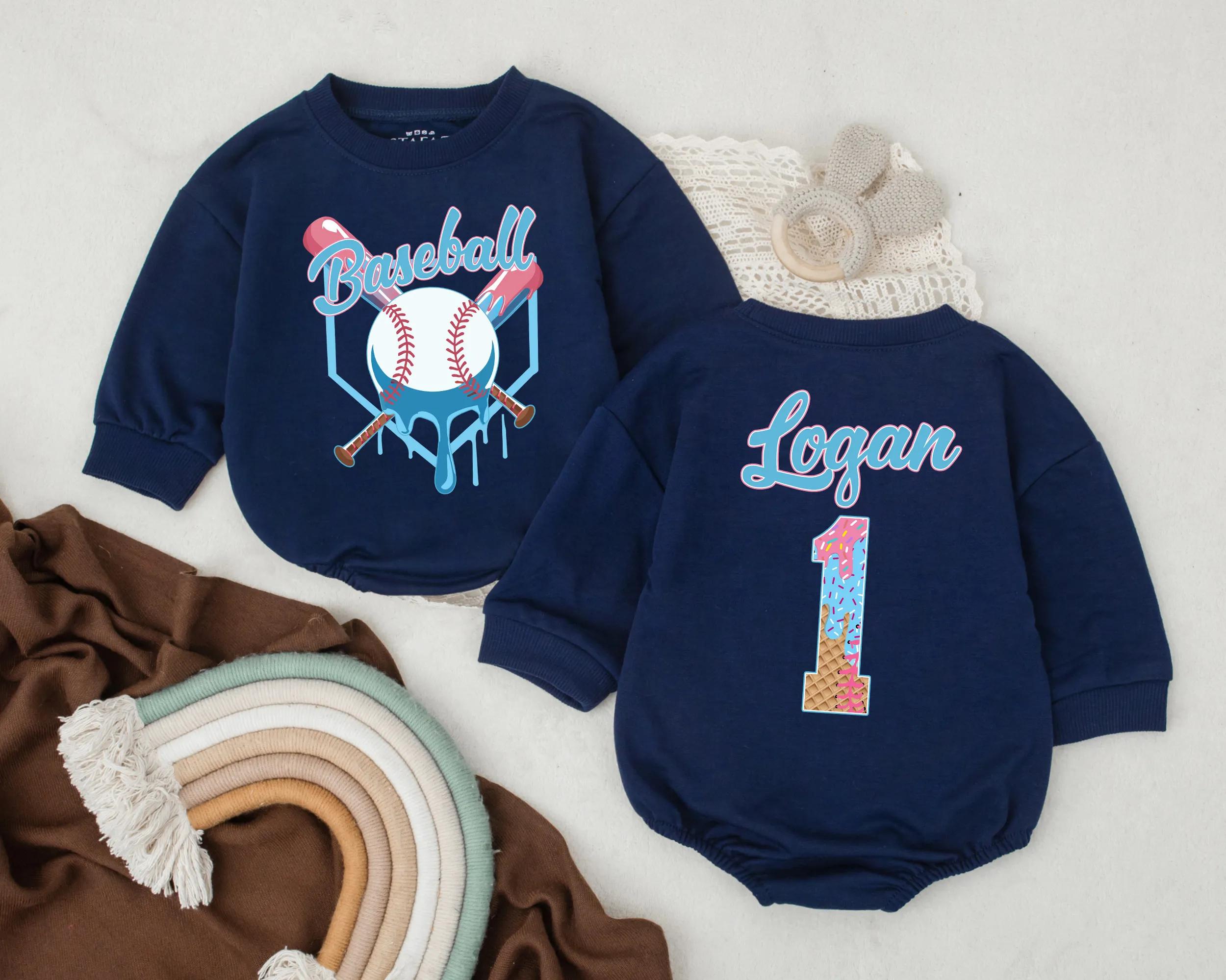 Personalized Baseball Baby Romper Fun Sports Theme First Birthday Outfit Custom Name Infant Boy Cake Smash Look Colorful Stars Stripes
