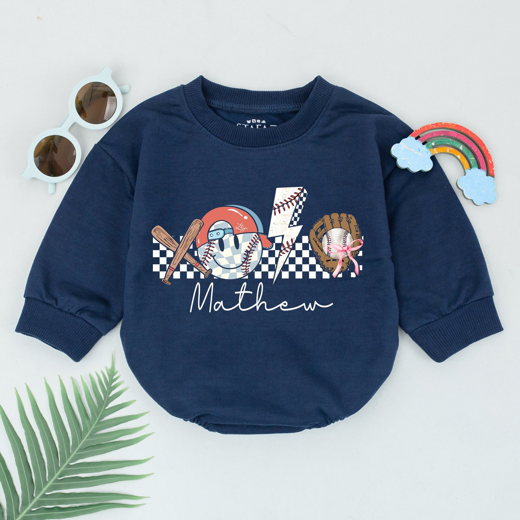 Personalized Baseball Baby Romper with Retro Bat and Mitt Design Black White Checkered Pattern Fun Gameday Outfit for Boys