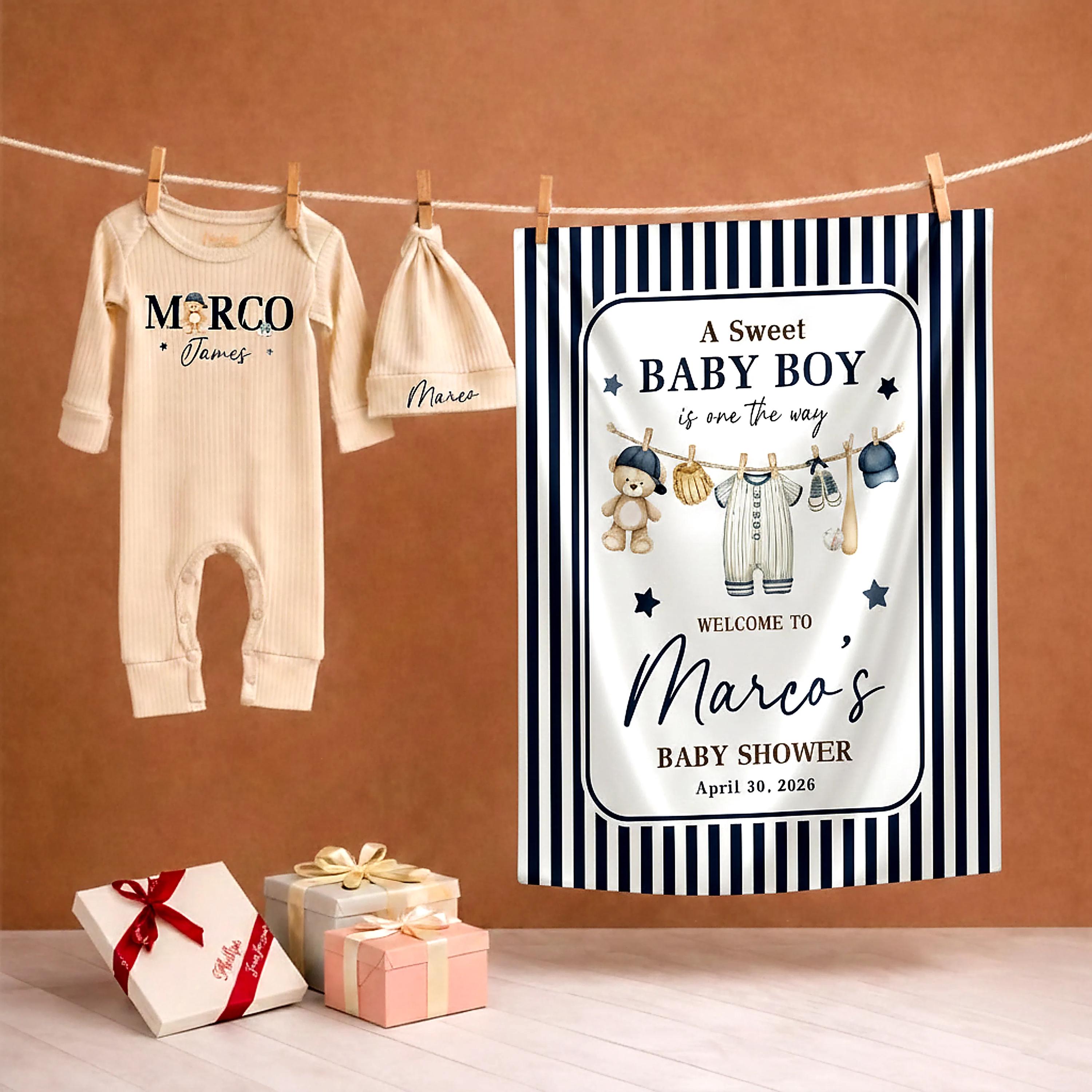 Personalized Baseball Baby Shower Silk Banner and Outfit Set for Boys, Custom Name Sports Theme Party Decor Navy Blue and Tan Design