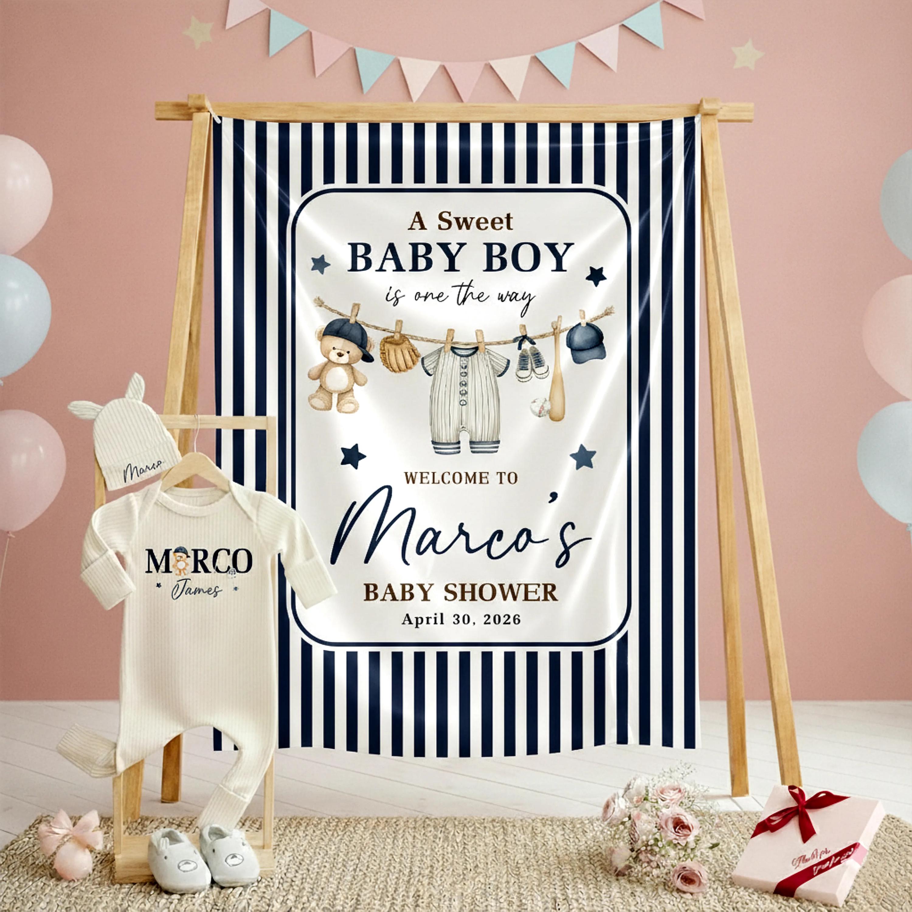 Personalized Baseball Baby Shower Silk Banner and Outfit Set for Boys, Custom Name Sports Theme Party Decor Navy Blue and Tan Design