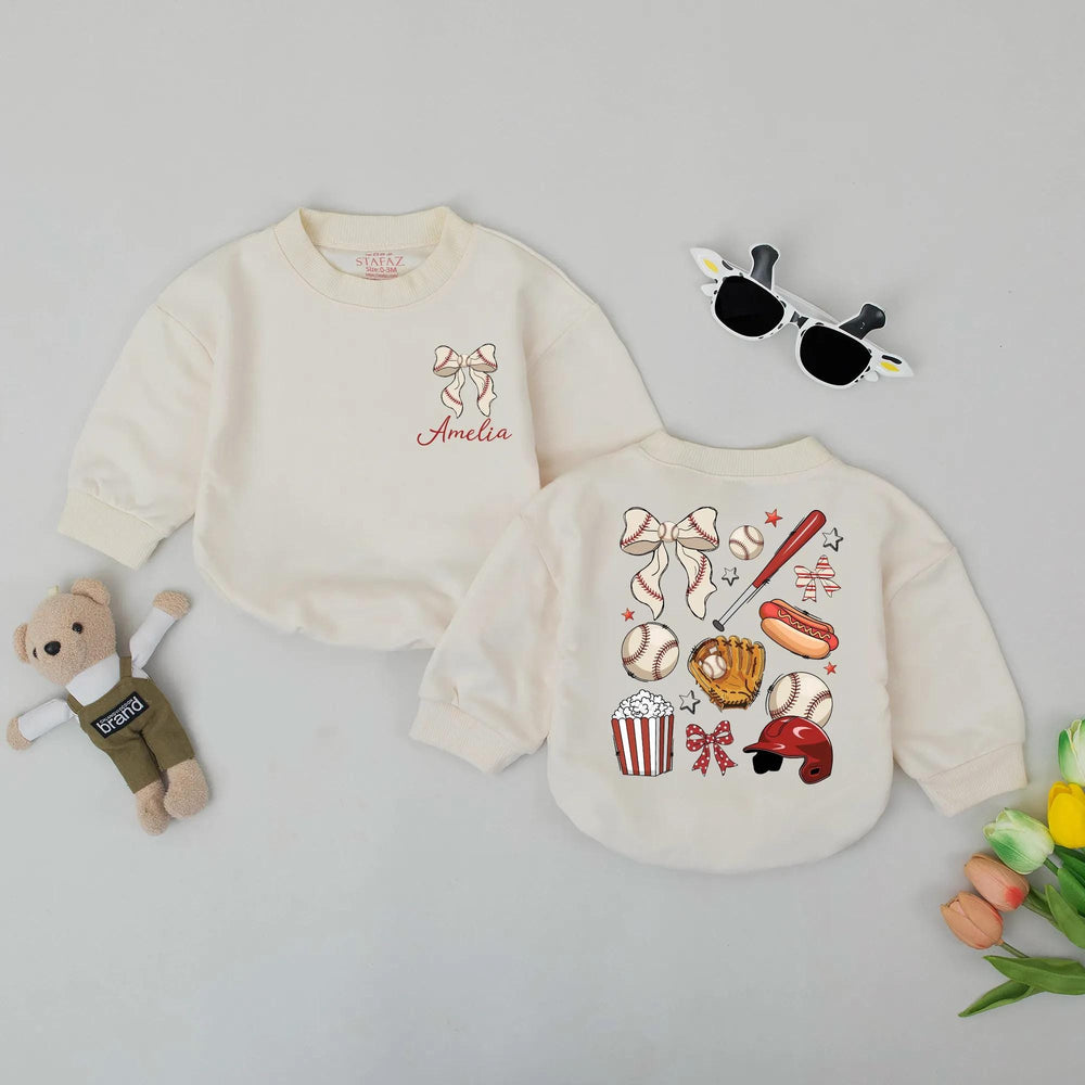 Personalized Baseball Bow Romper for Baby or Toddler, Retro Game Day Outfit with Custom Name, Soft Cotton Vintage-Inspired Sports Gift