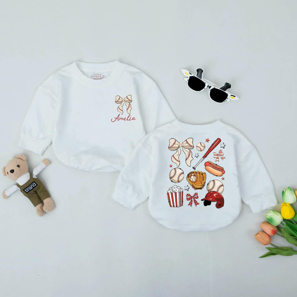 Personalized Baseball Bow Romper for Baby or Toddler, Retro Game Day Outfit with Custom Name, Soft Cotton Vintage-Inspired Sports Gift